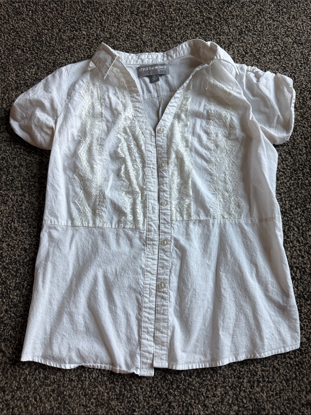Vanity White Short-Sleeve Button-Front Shirt with Lace Panels
